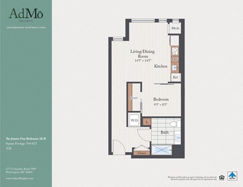 Floor plan for 1 bed, 1 bath, 572 sqft